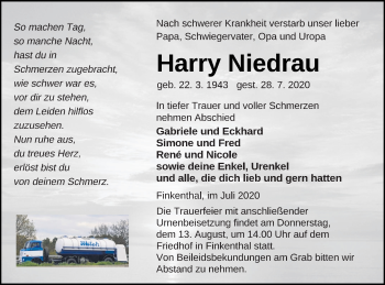 Traueranzeige von Harry Niedrau von Mecklenburger Schweiz