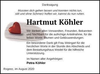 Traueranzeige von Hartmut Köhler von Müritz-Zeitung