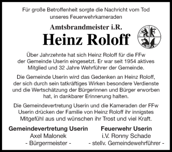 Traueranzeige von Heinz Roloff von Strelitzer Zeitung