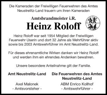 Traueranzeige von Heinz Roloff von Strelitzer Zeitung