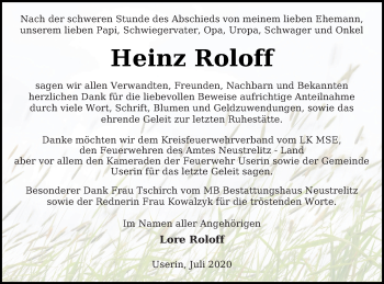 Traueranzeige von Heinz Roloff von Strelitzer Zeitung