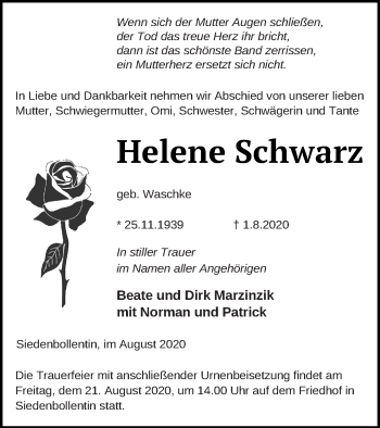 Traueranzeige von Helene Schwarz von Neubrandenburger Zeitung