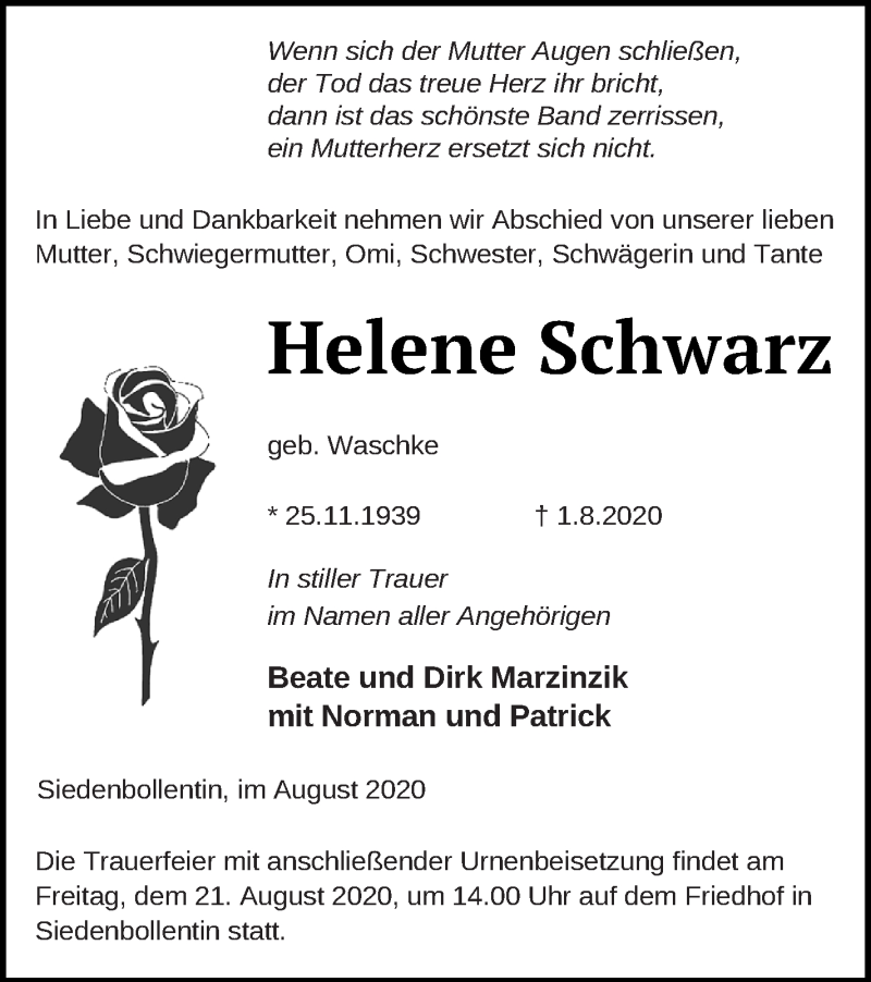  Traueranzeige für Helene Schwarz vom 05.08.2020 aus Neubrandenburger Zeitung
