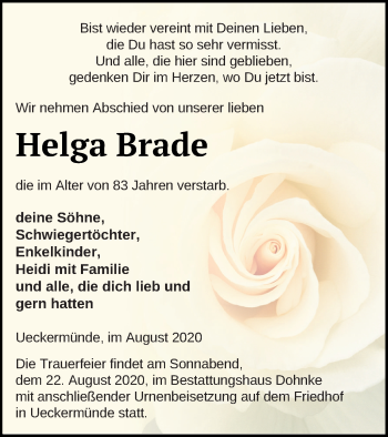 Traueranzeige von Helga Brade von Haff-Zeitung