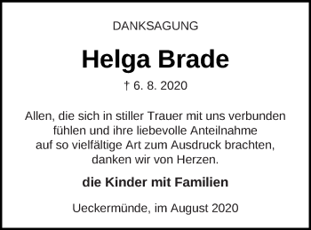 Traueranzeige von Helga Brade von Haff-Zeitung