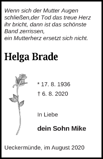 Traueranzeige von Helga Brade von Haff-Zeitung