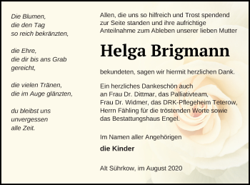 Traueranzeige von Helga Brigmann von Mecklenburger Schweiz