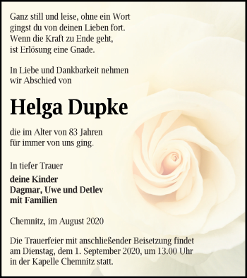 Traueranzeige von Helga Dupke von Neubrandenburger Zeitung