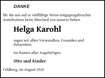 Traueranzeige von Helga Karohl von Strelitzer Zeitung