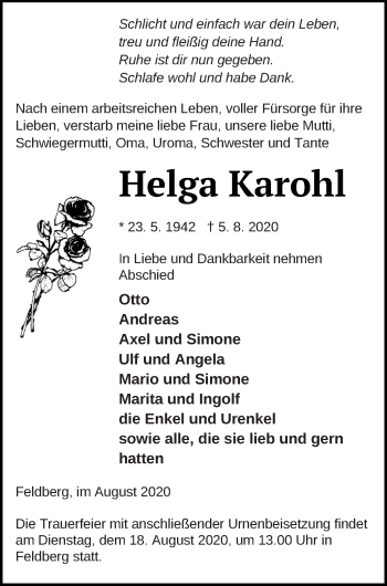 Traueranzeige von Helga Karohl von Strelitzer Zeitung