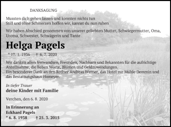 Traueranzeige von Helga Pagels von Demminer Zeitung