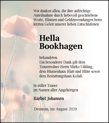 Traueranzeige von Hella Bookhagen von Demminer Zeitung