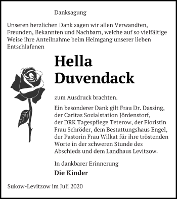 Traueranzeige von Hella Duvendack von Mecklenburger Schweiz