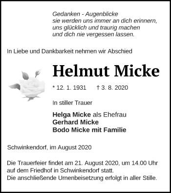 Traueranzeige von Helmut Micke von Mecklenburger Schweiz