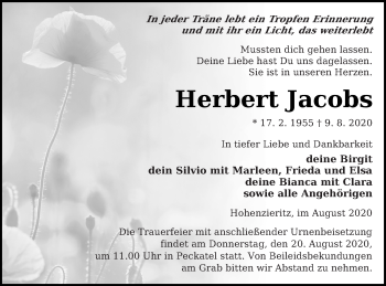 Traueranzeige von Herbert Jacobs von Strelitzer Zeitung