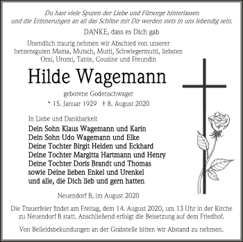 Traueranzeige von Hilde Wagemann von Vorpommern Kurier