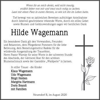 Traueranzeige von Hilde Wagemann von Vorpommern Kurier