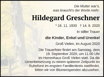 Traueranzeige von Hildegard Greschner von Müritz-Zeitung