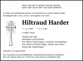 Traueranzeige von Hiltraud Harder von Demminer Zeitung