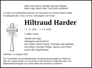 Traueranzeige von Hiltraud Harder von Demminer Zeitung