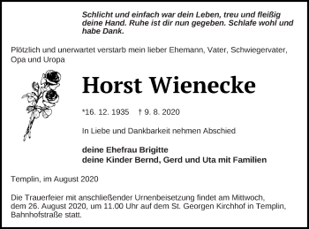 Traueranzeige von Horst Wienecke von Templiner Zeitung