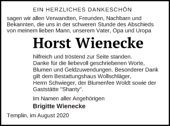 Traueranzeige von Horst Wienecke von Templiner Zeitung