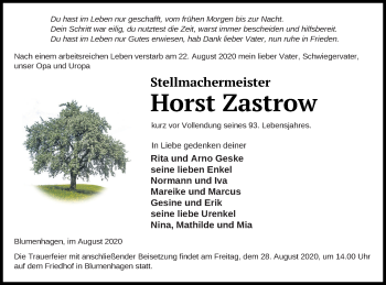 Traueranzeige von Horst Zastrow von Pasewalker Zeitung