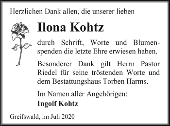 Traueranzeige von Ilona Kohtz von Vorpommern Kurier