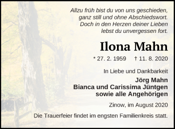 Traueranzeige von Ilona Mahn von Strelitzer Zeitung