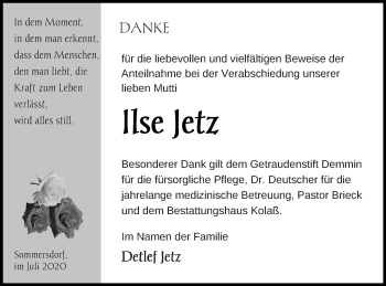 Traueranzeige von Ilse Jetz von Demminer Zeitung