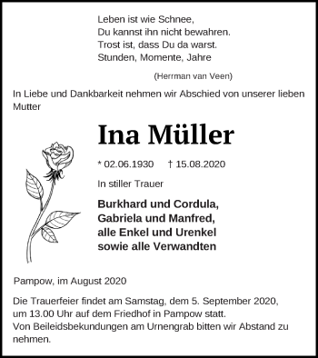 Traueranzeige von Ina Müller von Pasewalker Zeitung