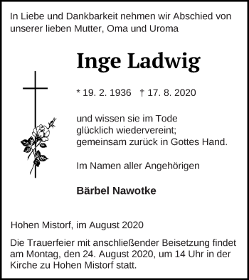 Traueranzeige von Inge Ladwig von Mecklenburger Schweiz