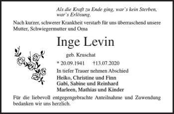 Traueranzeige von Inge Levin von Norddeutsche Neueste Nachrichten