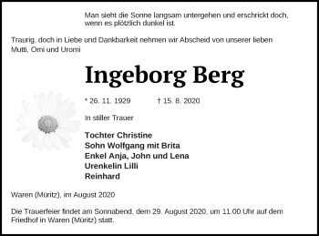 Traueranzeige von Ingeborg Berg von Müritz-Zeitung