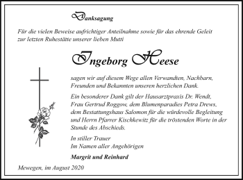 Traueranzeige von Ingeborg Heese von Pasewalker Zeitung