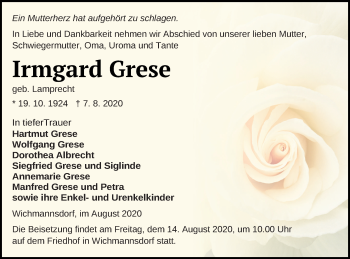 Traueranzeige von Irmgard Grese von Templiner Zeitung