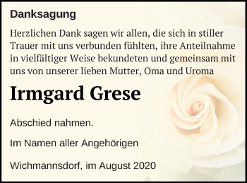 Traueranzeige von Irmgard Grese von Templiner Zeitung