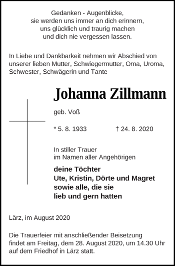 Traueranzeige von Johanna Zillmann von Müritz-Zeitung