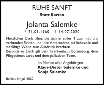 Traueranzeige von Jolanta Salemke von Hagenower Kreisblatt