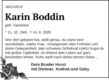 Traueranzeige von Karin Boddin von Müritz-Zeitung