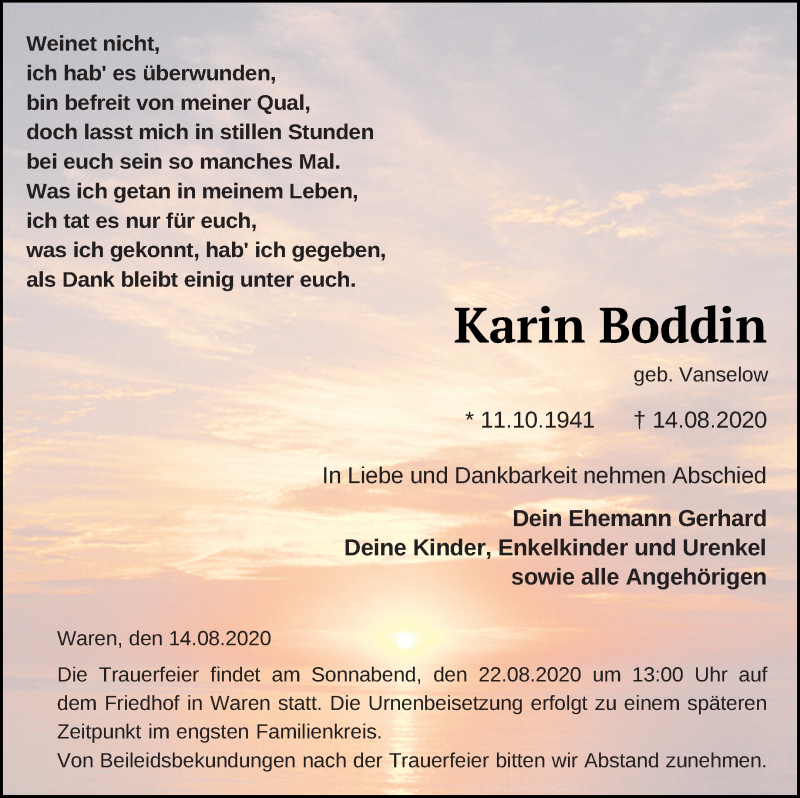  Traueranzeige für Karin Boddin vom 19.08.2020 aus Müritz-Zeitung