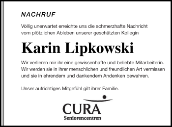 Traueranzeige von Karin Lipkowski von Pasewalker Zeitung