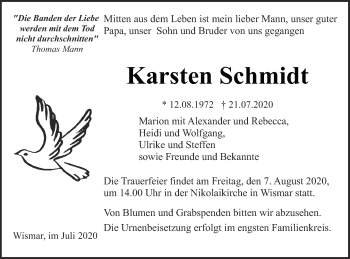 Traueranzeige von Karsten Schmidt von Müritz-Zeitung