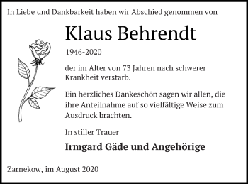 Traueranzeige von Klaus Behrendt von Mecklenburger Schweiz