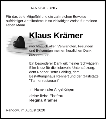 Traueranzeige von Klaus Krämer von Demminer Zeitung