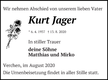 Traueranzeige von Kurt Jager von Demminer Zeitung