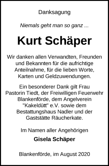 Traueranzeige von Kurt Schäper von Strelitzer Zeitung