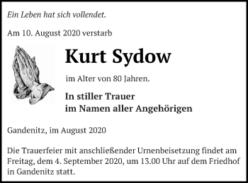 Traueranzeige von Kurt Sydow von Templiner Zeitung