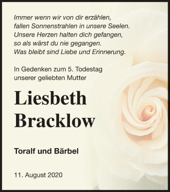 Traueranzeige von Liesbeth Bracklow von Nordkurier Gesamtausgabe