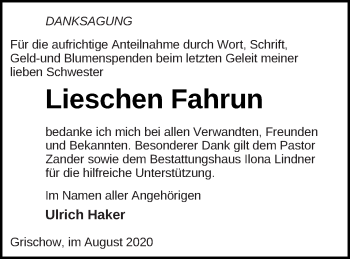 Traueranzeige von Lieschen Fahrun von Neubrandenburger Zeitung